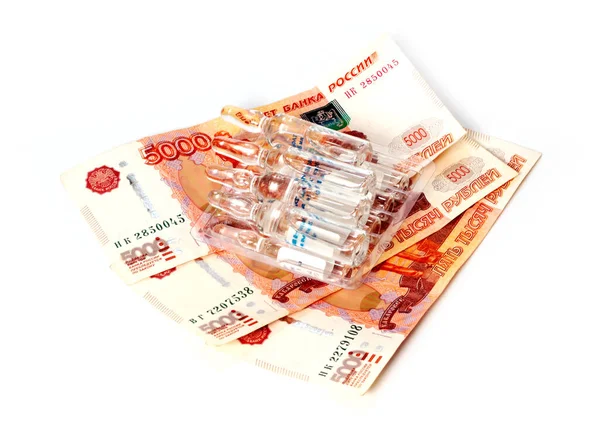 Ampullák Gyógyszerekkel Sok Papírral Orosz Rubel — Stock Fotó