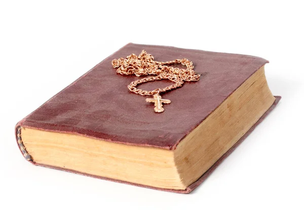 Een Gouden Ketting Met Een Christelijk Kruis Geplaatst Een Oud — Stockfoto