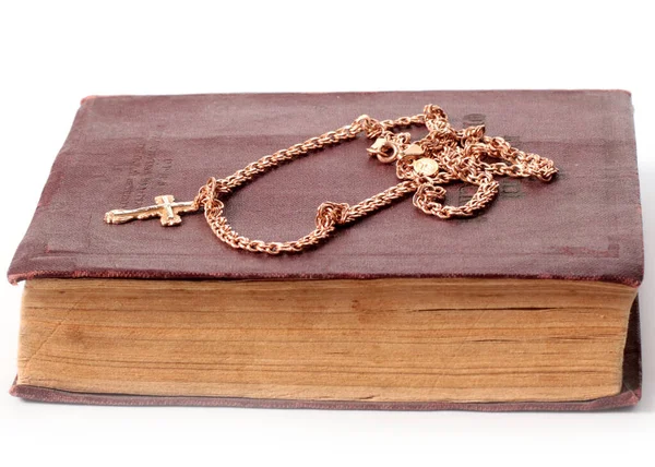 Una Catena Oro Con Croce Cristiana Posta Vecchio Libro — Foto Stock