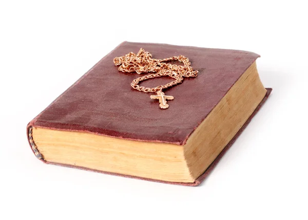 Золотая Цепь Христианским Крестом Помещена Старую Книгу — стоковое фото