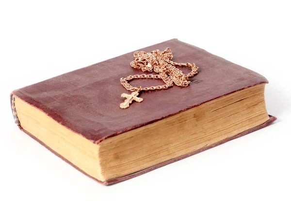 Egy Arany Lánc Egy Keresztény Kereszt Kerül Egy Régi Könyv — Stock Fotó