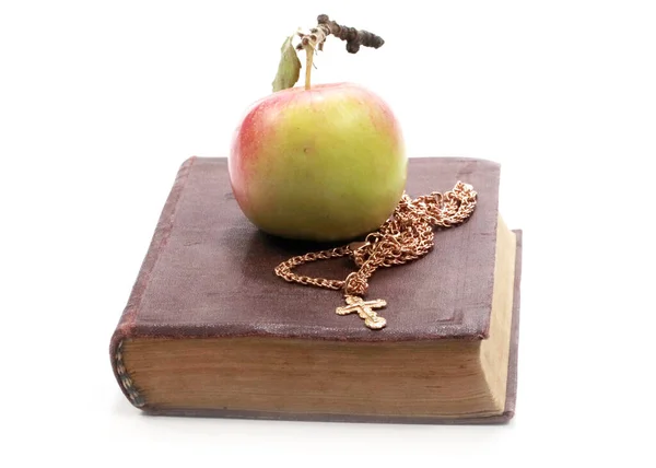 Christian Old Book Gold Chain Cross Next Ripe Apple — Stock Photo, Image