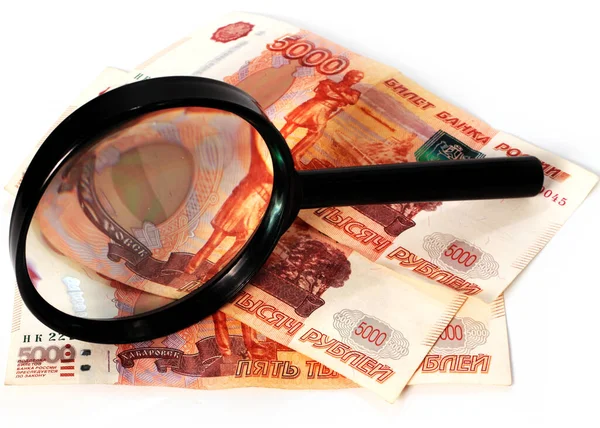 Uso Uma Lupa Verificar Notas Papel Rublo Russo — Fotografia de Stock