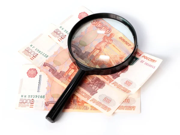 Use Magnifying Glass Checking Paper Bills Russian Ruble — Stock Photo, Image