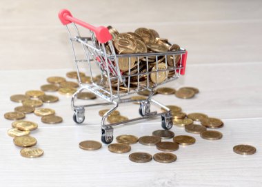 Oyuncak bir arabada yemek için Rus rublesi taşıyan metal paralar.