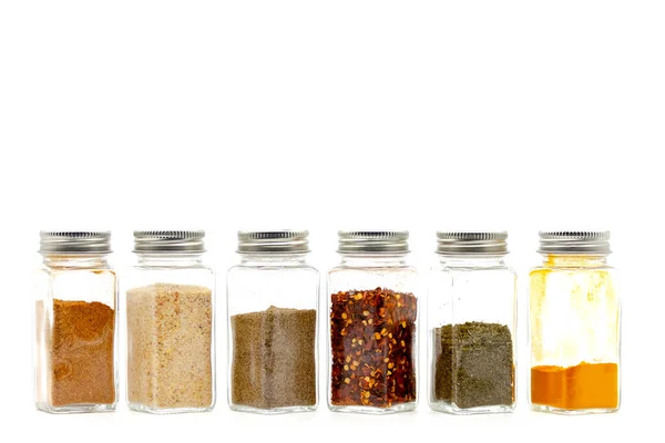 Square Glass Jars Storing Dry Kitchen Spices Selective Focus Shallow — Stock Photo, Image