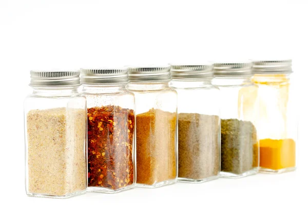 Square Glass Jars Storing Dry Kitchen Spices Selective Focus Shallow — Stock Photo, Image