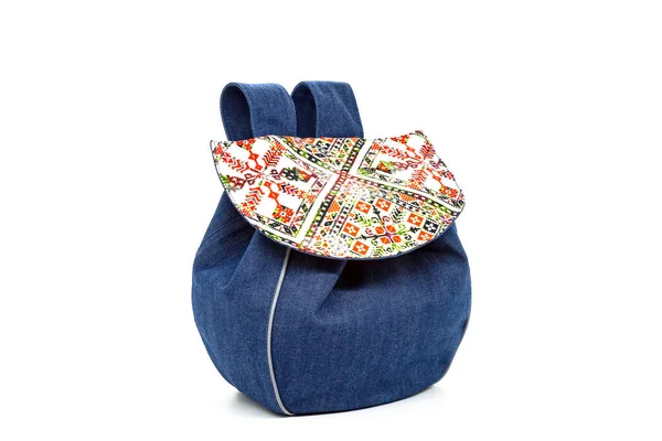 Small Women Denim Backpack Cover Colorful Embroidery Motifs — Stock Photo, Image