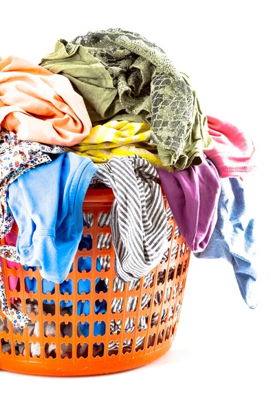 Red Plastic Laundry Basket Full Colorful Clothes — Stock Photo, Image