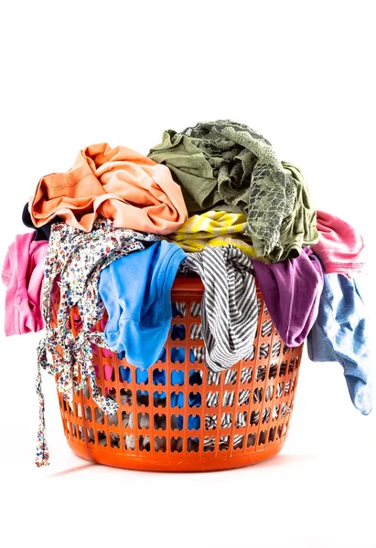 Red Plastic Laundry Basket Full Colorful Clothes — Stock Photo, Image