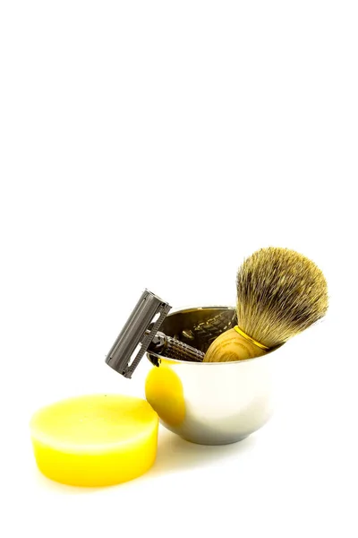 Conjunto Accesorios Afeitar Clásicos Maquinilla Afeitar Cepillo Jabón —  Fotos de Stock