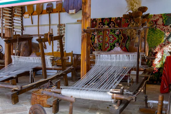 Vieux Métier Tisser Bois Pour Tissage Tissus Mise Point Sélective — Photo