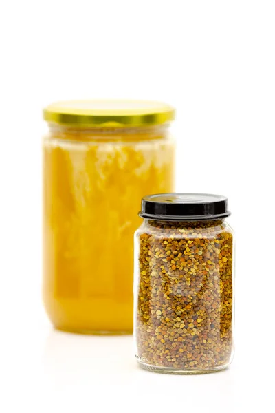 Bijenpollenkorrels Een Glazen Pot Selectieve Focus Met Ondiepe Scherptediepte — Stockfoto