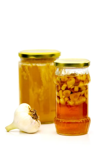 Homemade Medicine Honey Garlic Glass Jar Selective Focus Shallow Depth — Stock Photo, Image