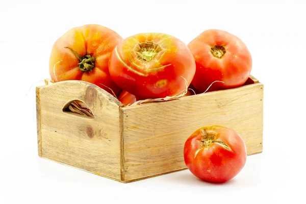 Degustado Variedad Recién Recogida Tomate Rosa Enfoque Selectivo Con Profundidad — Foto de Stock