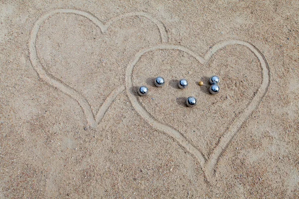 Bocce Balls Sand Signed Hearts — Stock Photo, Image