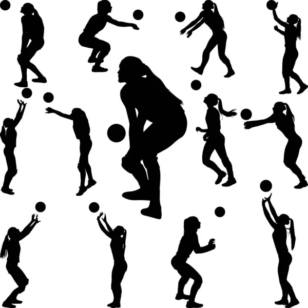 Volleyboll tjej spelare. kvinnor grupp spela volleyboll Silhouette v — Stock vektor