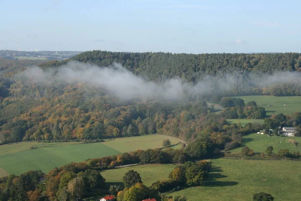 Una Catena Montuosa Boscosa Con Nebbia — Foto Stock