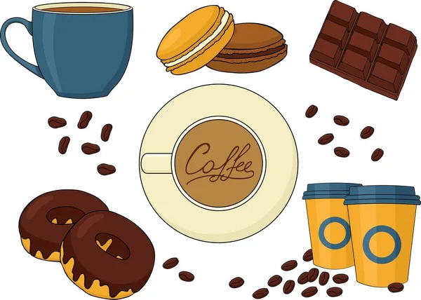 Набор шоколадных десертов и кофейных напитков . — стоковый вектор