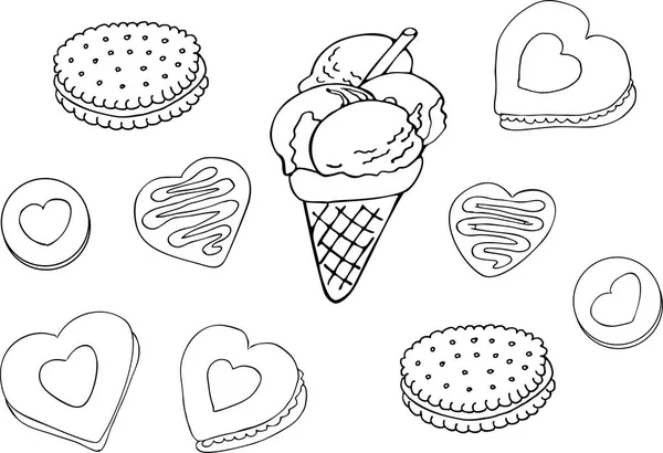 手描きのドーナツ アイスクリーム ビスケットのセットです 白の背景にベクトル カラー イラスト — ストックベクタ