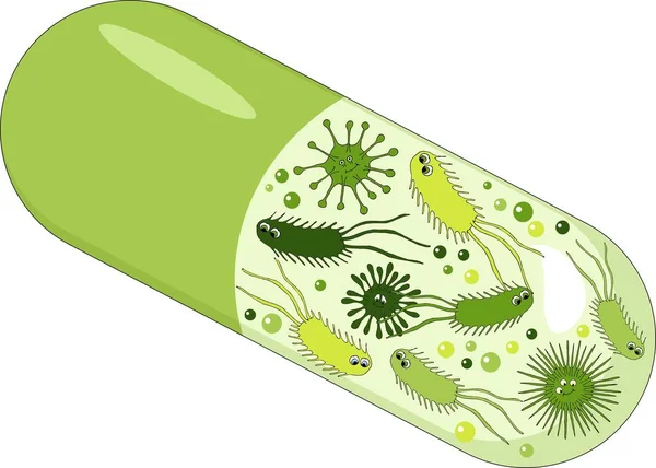 Capsules met groene probiotica bacteriën. Concept van gezonde voeding ingrediënt voor therapeutische doeleinden. — Stockvector