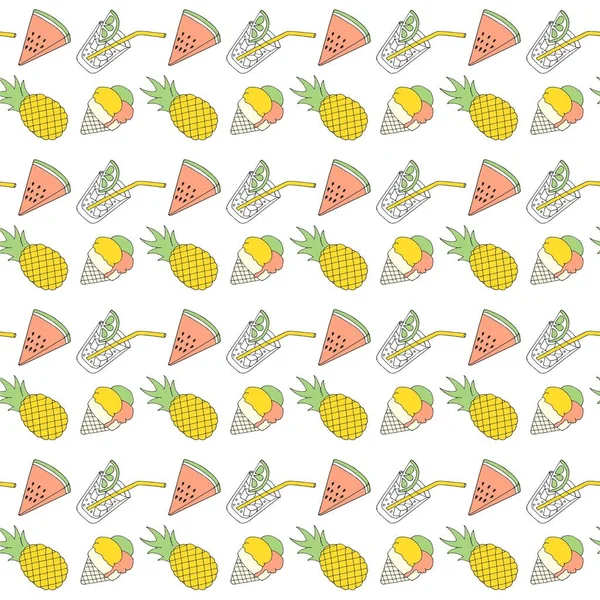 Colorful summer seamless pattern with tropical fruits and ice cream. Vector. — Stock Vector