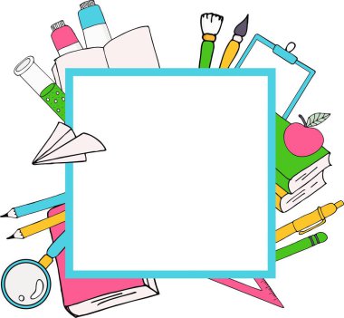 Renk Amblemler oluşan kalem, kurşun kalem, kağıt uçak, kitap ve okul malzemeleri ile kartı okul için geri. Okul alışveriş.