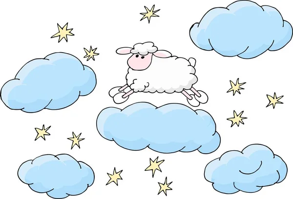 Counting sheep to fall asleep raster illustration.