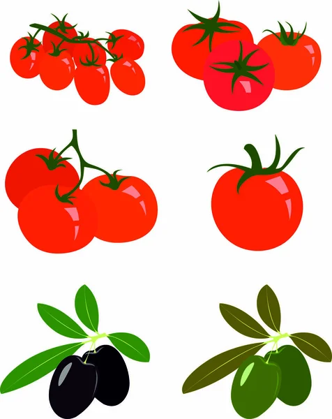 Collection of fresh red tomatoes, ripe black and green olives. Raster illustrations. — Stock Photo, Image