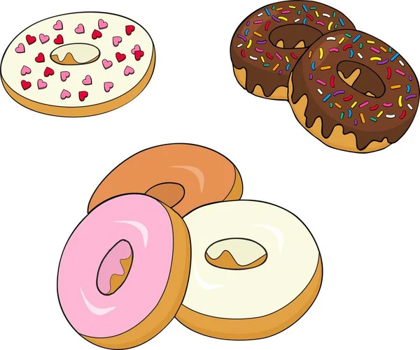 Donuts sortidos com chocolate fosco, vidros cor-de-rosa e rosquinhas donuts. —  Vetores de Stock