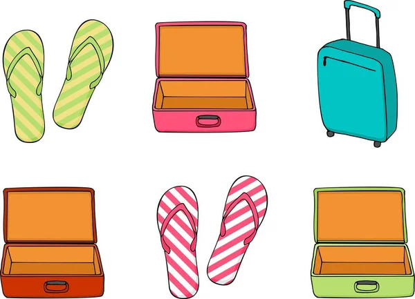 商务和家庭度假旅行行李和翻转拖鞋收集。光栅插图 — 图库照片