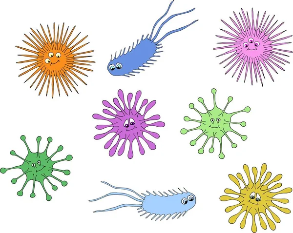 Conjunto colorido de bacterias y gérmenes, microorganismos objetos causantes de enfermedades, bacterias. Ilustración de dibujos animados Raster . —  Fotos de Stock