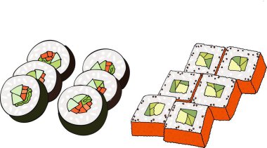 Renkli sushi seti. Raster resimde beyaz arka plan üzerinde