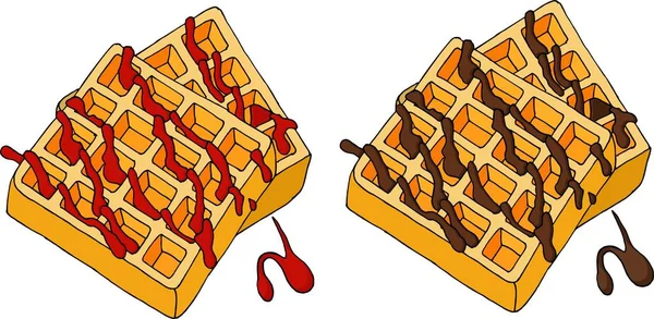 Wafels gegarneerd met bessen siroop en chocolade. Raster illustratie. — Stockfoto