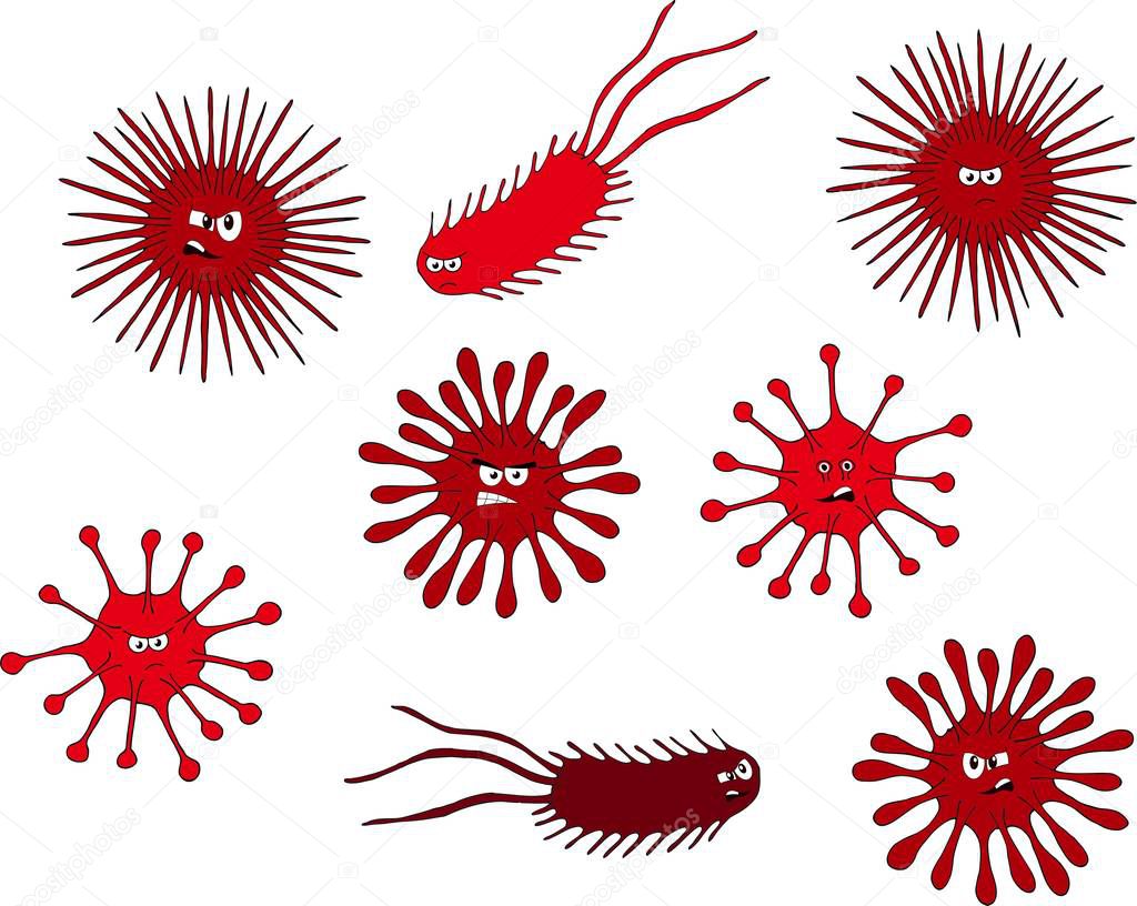 Set of cute funny bacterias, germs in cartoon style isolated on white background. Bad microbes. Rasterillustration.