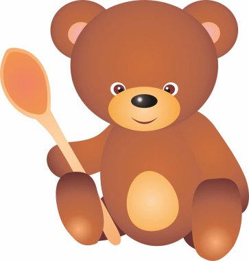 Küçük ayıcık çizgi film karakteri, bir tahta kaşıkla oturan yemeye hazırlanıyor. Raster resimde beyaz arka plan üzerinde