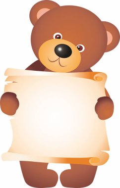 Little teddy bear cartoon character, standing with aged blank scroll parchment. Raster Illustration on white background clipart