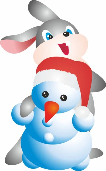雪人和兔子在白色背景 圣诞节 寒假卡通可爱的卡片 快乐的圣诞贺卡 栅格插图 — 图库照片