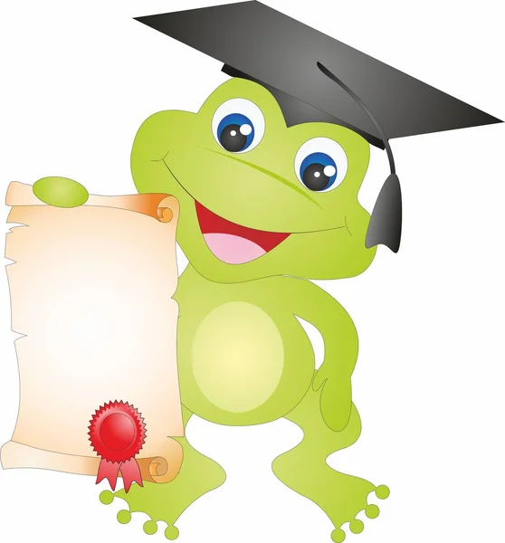 カエル着て卒業帽子 古い紙をスクロールの卒業証書を示す帽子や羊皮紙の笑みを浮かべてください 白い背景のラスター図 — ストック写真