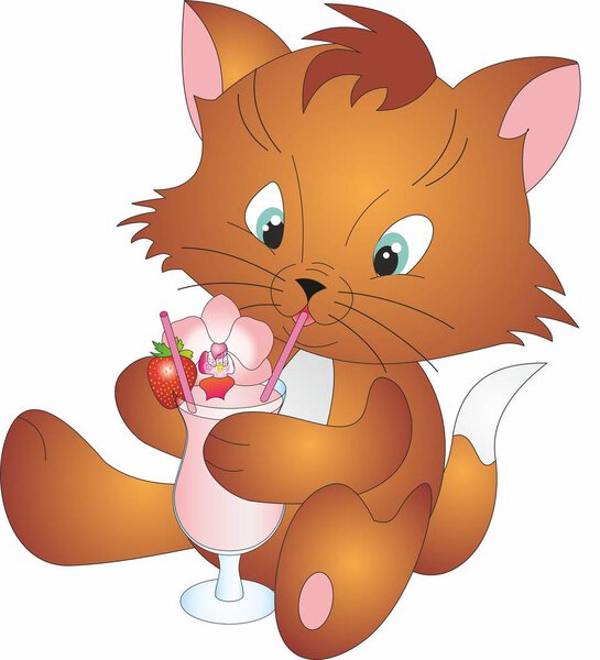 Растровая иллюстрация смешного рыжеволосого кота-котенка, сидящего, улыбающегося с коктейлем, на белом фоне
