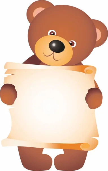 Little Teddy Bear Cartoon Character Standing Aged Blank Scroll Parchment — Stock Photo, Image