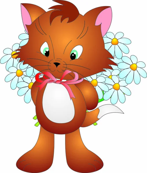 Cute cartoon Cat hiding bouquet of flowers behind his back