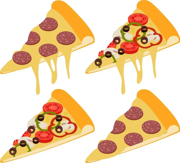 Slice of fresh italian classic original Pepperoni Pizza and mushroom pizza isolated on white background — Stock Vector