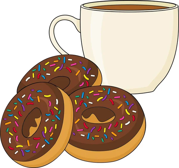 Um donut gelado de chocolate ou donut e uma xícara quente de café ou chá fresco . —  Vetores de Stock
