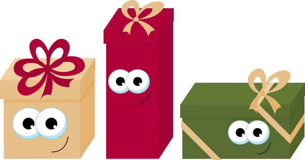 Coloré enveloppé souriant boîtes-cadeaux avec des yeux. Belle boîte cadeau avec arc. Icône boîte cadeau. Un cadeau. Boîte cadeau de Noël . — Image vectorielle