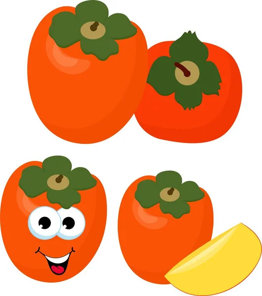 Persimmon dengan daun utuh dan irisan kesemek. Vektor ilustrasi kesemek. Karakter kartun yang lucu. Ilustrasi untuk poster dekoratif, lambang produk alam, pasar petani . - Stok Vektor