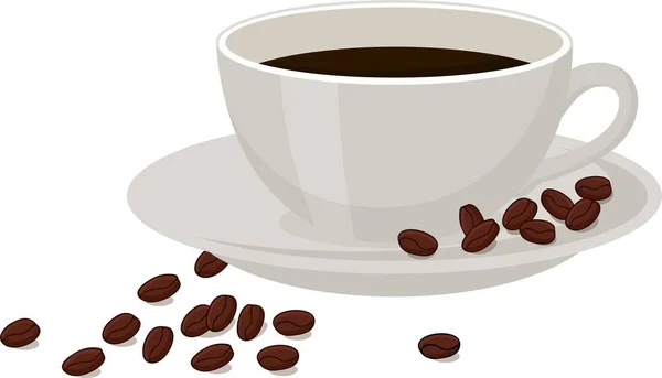 Café com grãos de café em uma xícara branca no fundo branco . —  Vetores de Stock