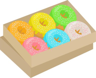 Renkli donut çizgi film seti. Çörek ile kutu pembe, yeşil, sarı, turuncu, çikolata, Turkuaz clipart vektör çizim krema ile.