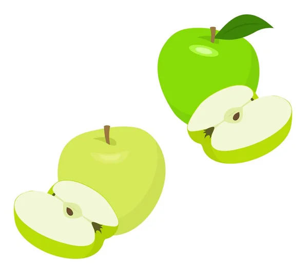 Fele az apple gyümölcs érett zöld alma és alma leveles elszigetelt fehér background. Az alma és a levél-vektor-illusztráció — Stock Vector