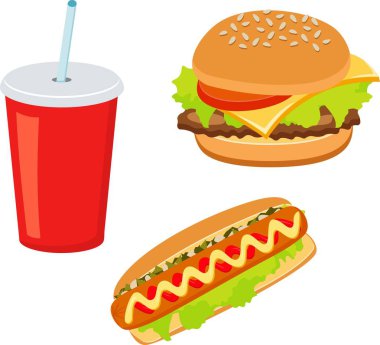 Hamburger, sosisli sandviç, kola içecek. Paket servisi olan restoran yiyecek. Fast food. Raster